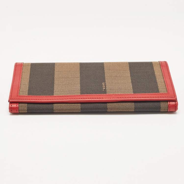 Pre Owned Fendi Red/Brown Stripe Canvas and Leather Flap Continental Wallet