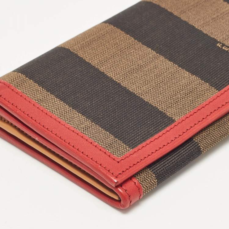Pre Owned Fendi Red/Brown Stripe Canvas and Leather Flap Continental Wallet
