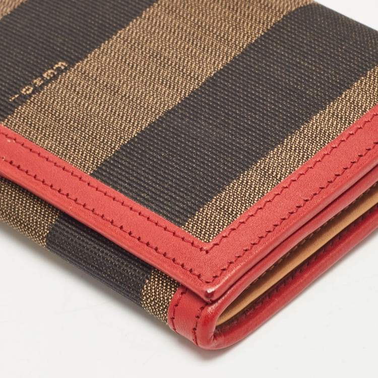 Pre Owned Fendi Red/Brown Stripe Canvas and Leather Flap Continental Wallet