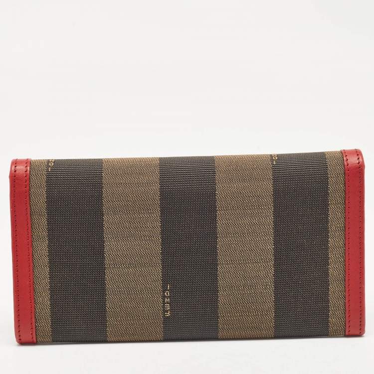 Pre Owned Fendi Red/Brown Stripe Canvas and Leather Flap Continental Wallet