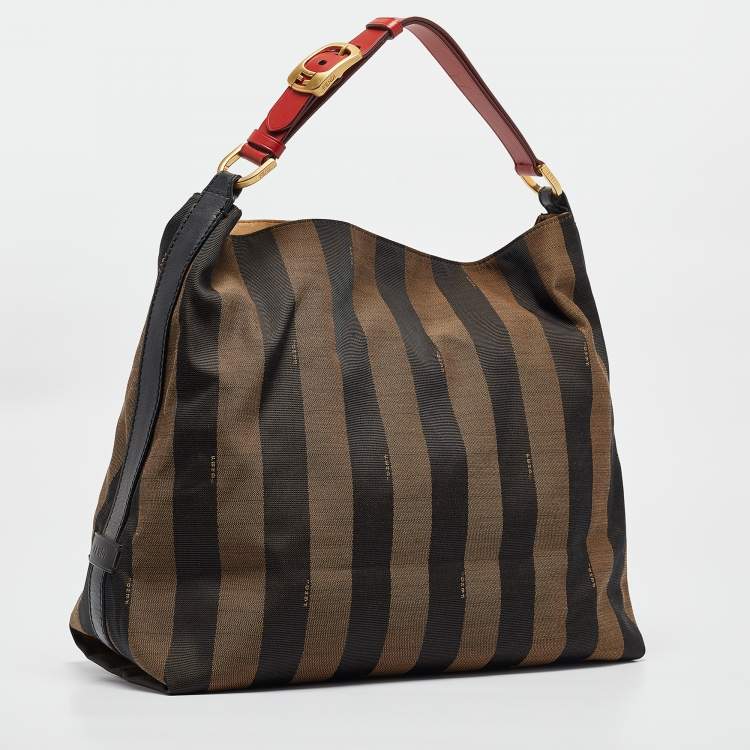 Pre Owned Fendi Tobacco/Red Canvas and Leather Large Pequin Striped Hobo