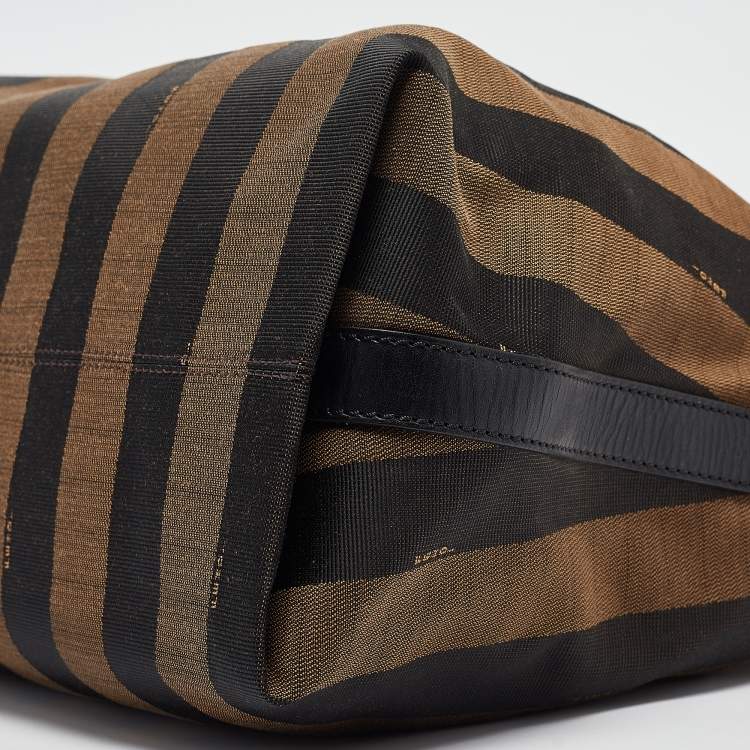 Pre Owned Fendi Tobacco/Red Canvas and Leather Large Pequin Striped Hobo
