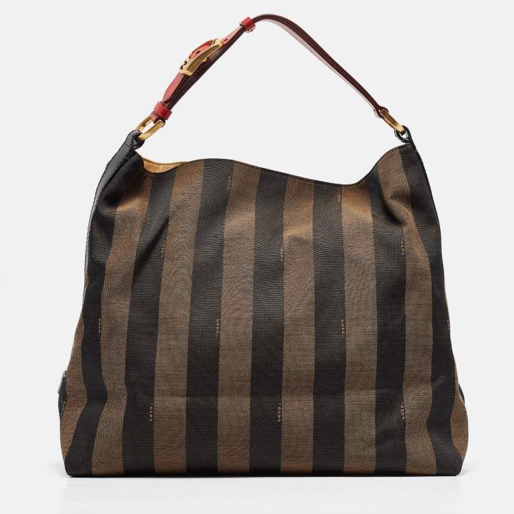 Pre Owned Fendi Tobacco/Red Canvas and Leather Large Pequin Striped Hobo