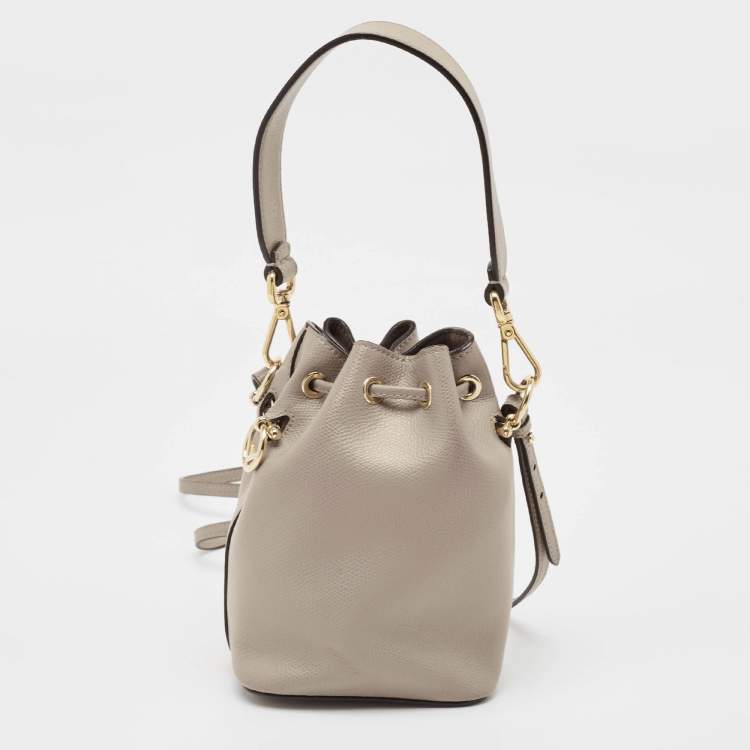 Pre Owned Fendi Grey Leather Mini Mon Tresor Drawstring Bucket Bag
