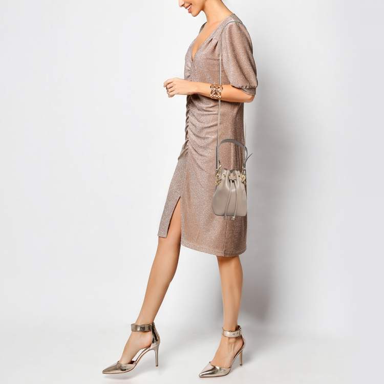 Pre Owned Fendi Grey Leather Mini Mon Tresor Drawstring Bucket Bag