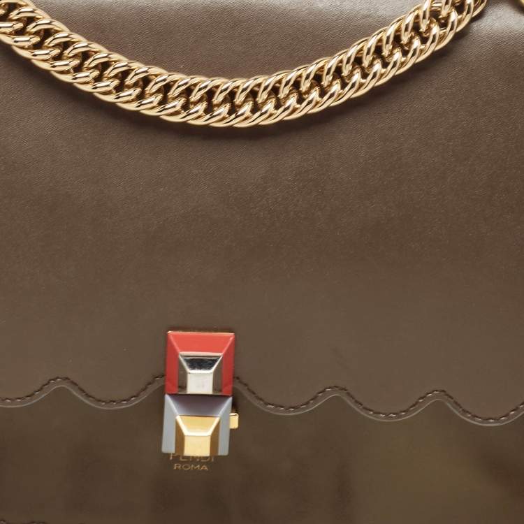 Pre Owned Fendi Dark Beige Leather Medium Scalloped Kan I Shoulder Bag