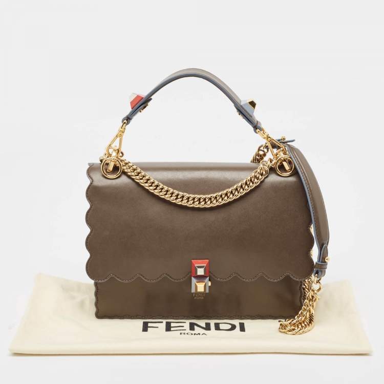 Pre Owned Fendi Dark Beige Leather Medium Scalloped Kan I Shoulder Bag