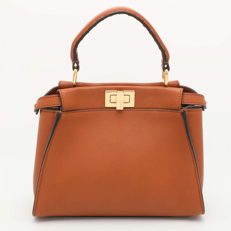 Pre Owned Fendi Brown Leather Mini Peekaboo Top Handle Bag