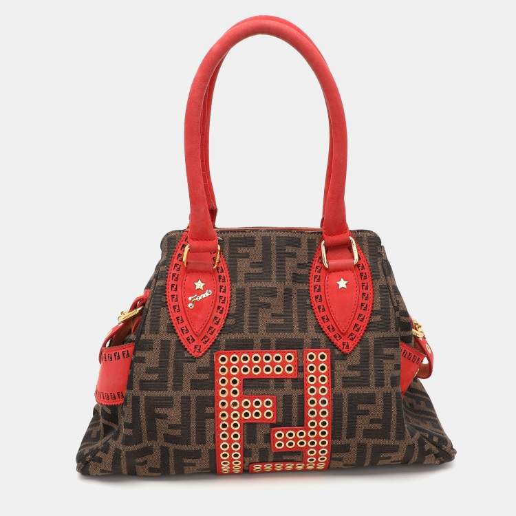 Pre Owned Fendi Brown/RedZucca Canvas and Nubuck Small Studded Chef De Jour Bag