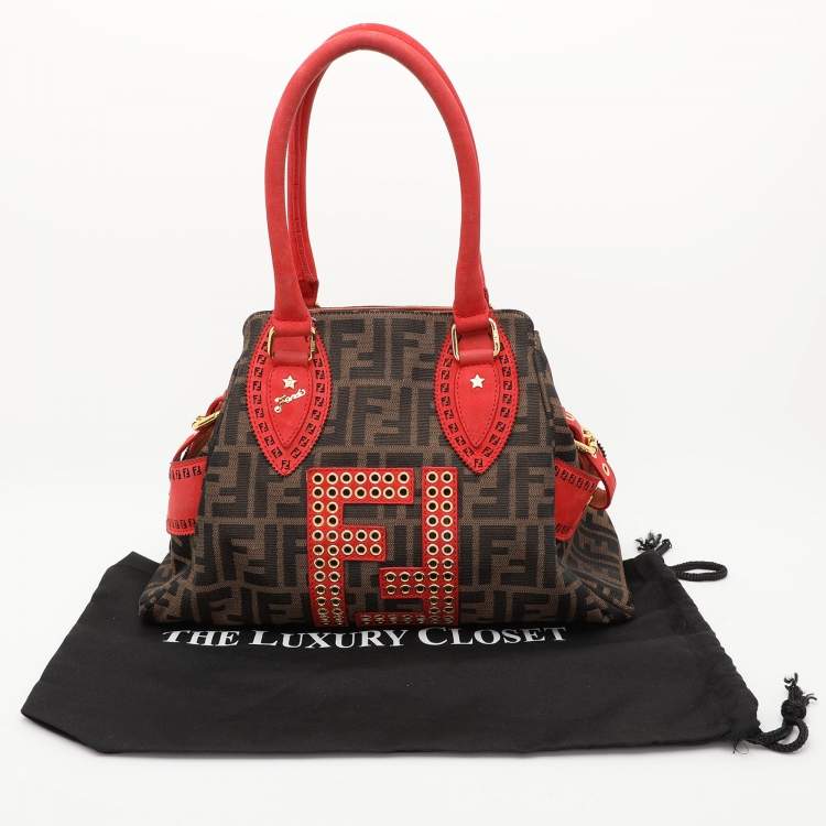 Pre Owned Fendi Brown/RedZucca Canvas and Nubuck Small Studded Chef De Jour Bag
