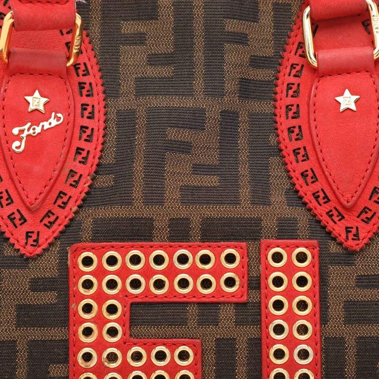 Pre Owned Fendi Brown/RedZucca Canvas and Nubuck Small Studded Chef De Jour Bag