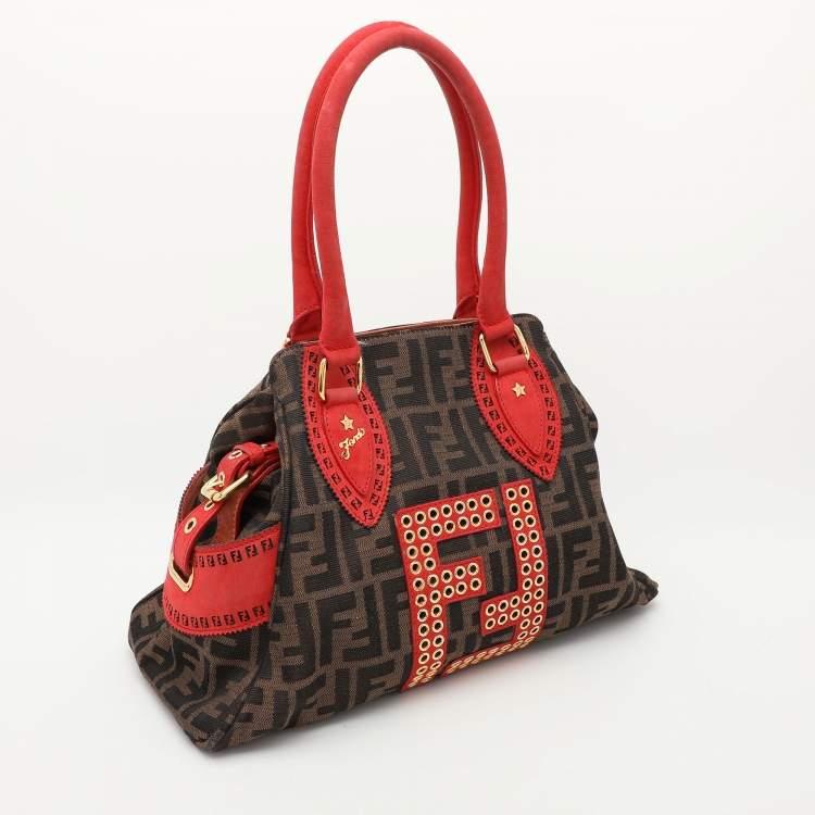 Pre Owned Fendi Brown/RedZucca Canvas and Nubuck Small Studded Chef De Jour Bag