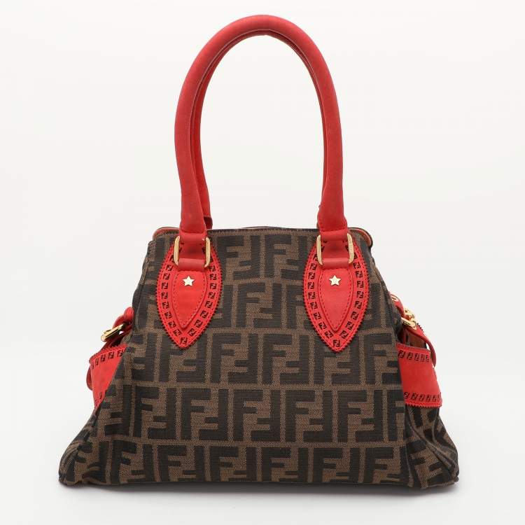 Pre Owned Fendi Brown/RedZucca Canvas and Nubuck Small Studded Chef De Jour Bag