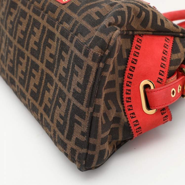 Pre Owned Fendi Brown/RedZucca Canvas and Nubuck Small Studded Chef De Jour Bag