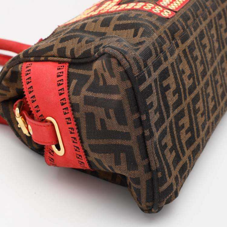 Pre Owned Fendi Brown/RedZucca Canvas and Nubuck Small Studded Chef De Jour Bag