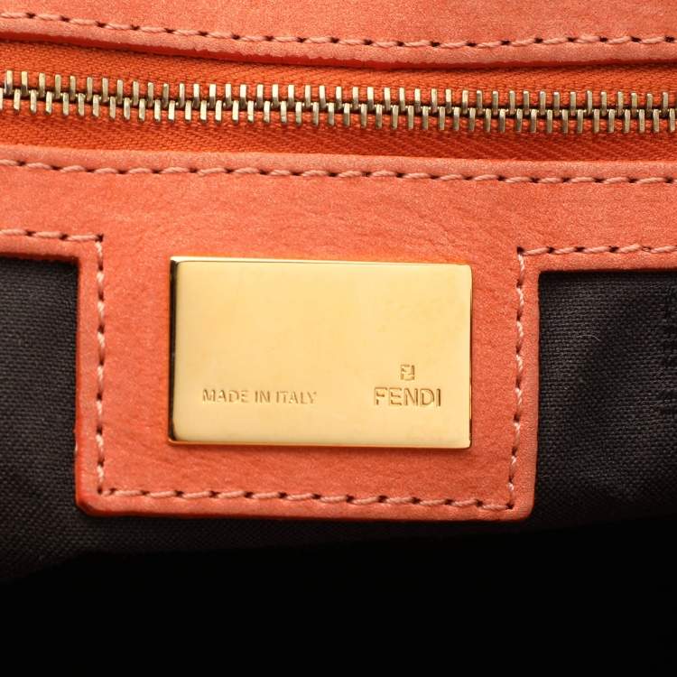 Pre Owned Fendi Brown/RedZucca Canvas and Nubuck Small Studded Chef De Jour Bag