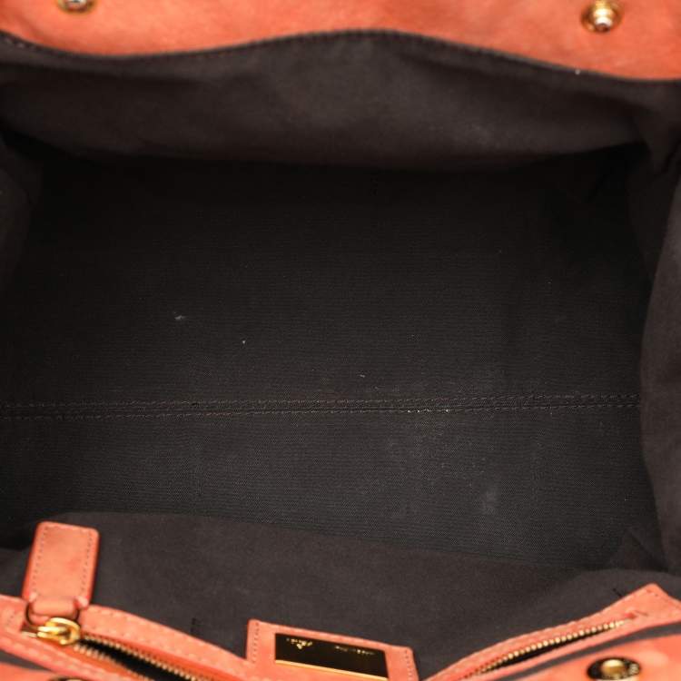 Pre Owned Fendi Brown/RedZucca Canvas and Nubuck Small Studded Chef De Jour Bag