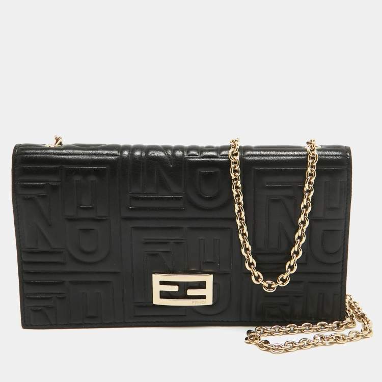 Pre Owned Fendi Black Embossed Leather Wallet On Chain