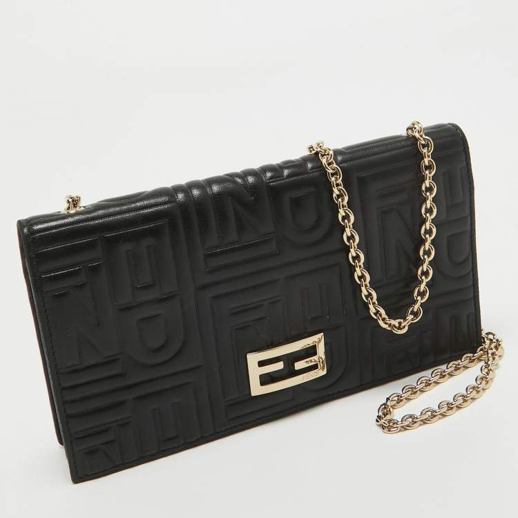 Pre Owned Fendi Black Embossed Leather Wallet On Chain