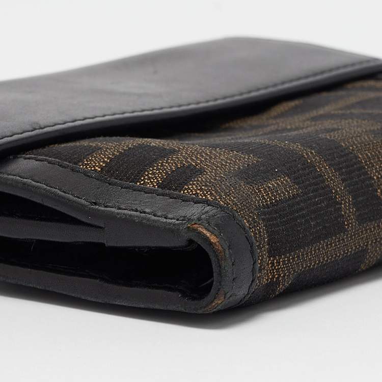 Pre Owned Fendi Black/Tobacco Zucca Canvas and Leather French Wallet