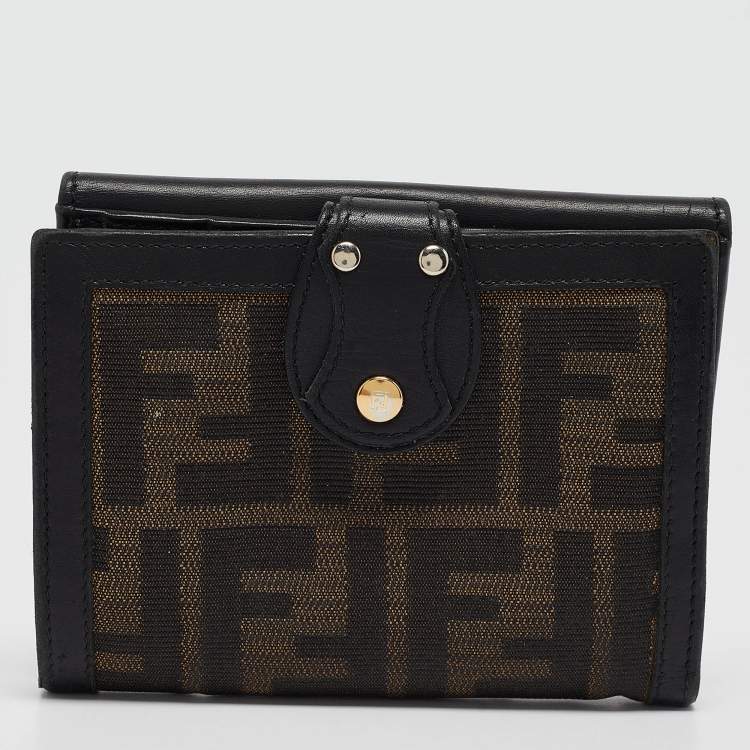 Pre Owned Fendi Black/Tobacco Zucca Canvas and Leather French Wallet