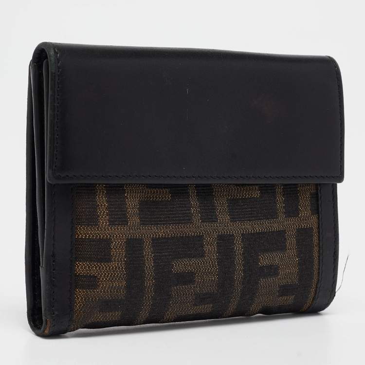 Pre Owned Fendi Black/Tobacco Zucca Canvas and Leather French Wallet