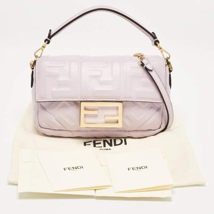 Pre Owned Fendi Lavender FF Logo Embossed Leather Mini Baguette Bag