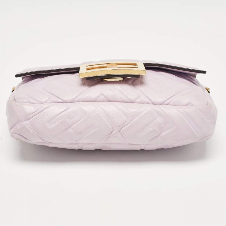 Pre Owned Fendi Lavender FF Logo Embossed Leather Mini Baguette Bag