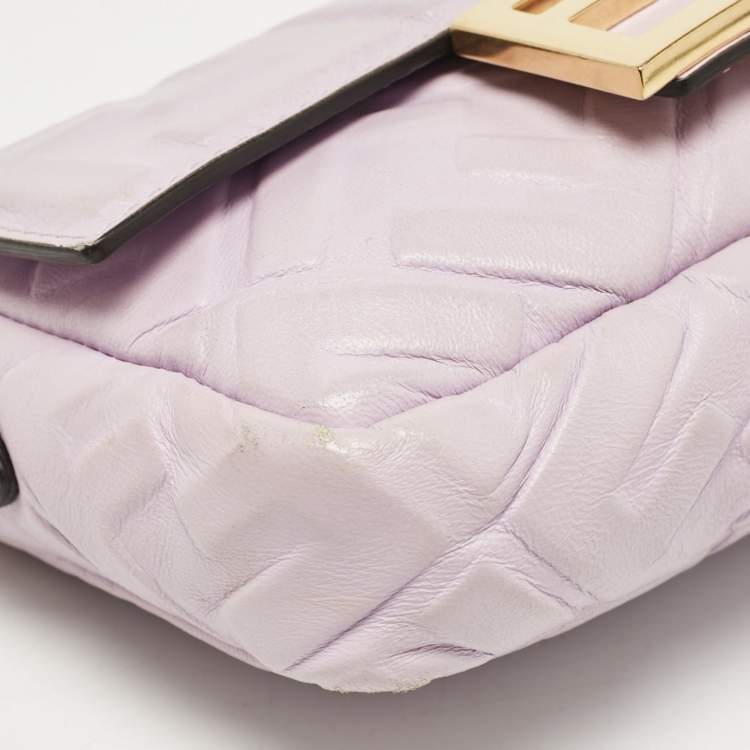 Pre Owned Fendi Lavender FF Logo Embossed Leather Mini Baguette Bag