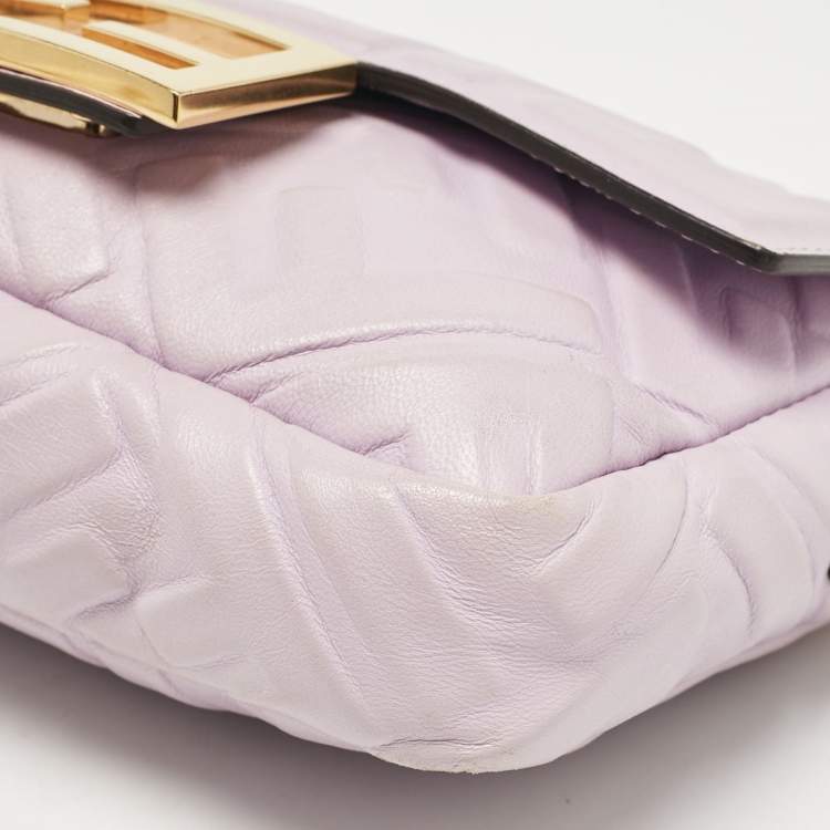 Pre Owned Fendi Lavender FF Logo Embossed Leather Mini Baguette Bag
