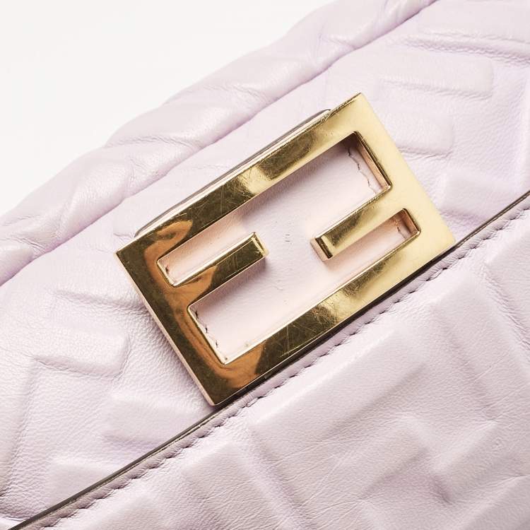 Pre Owned Fendi Lavender FF Logo Embossed Leather Mini Baguette Bag