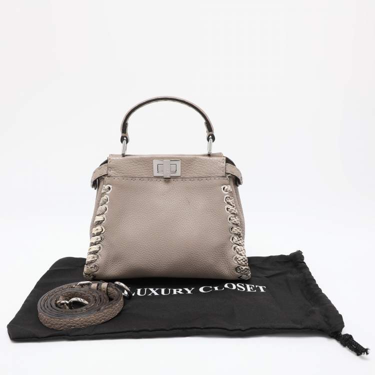 Pre Owned Fendi Beige Selleria Leather Mini Peekaboo Top Handle Bag 