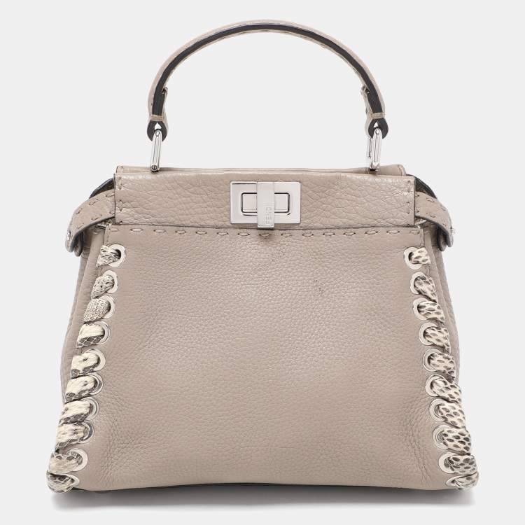 Pre Owned Fendi Beige Selleria Leather Mini Peekaboo Top Handle Bag 