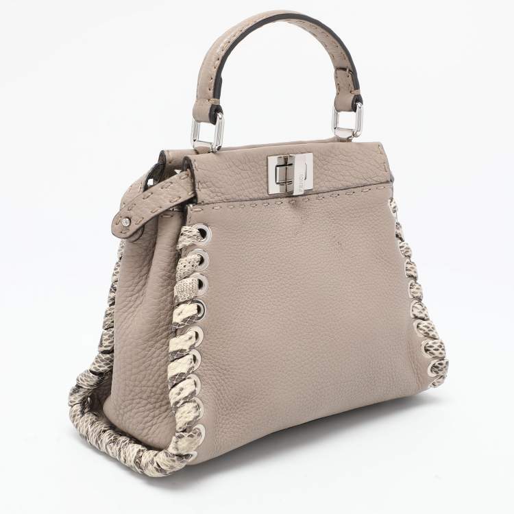 Pre Owned Fendi Beige Selleria Leather Mini Peekaboo Top Handle Bag 