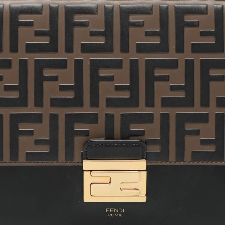 Pre Owned Fendi Black/Brown FF Embossed Leather Kan U Top Handle Bag