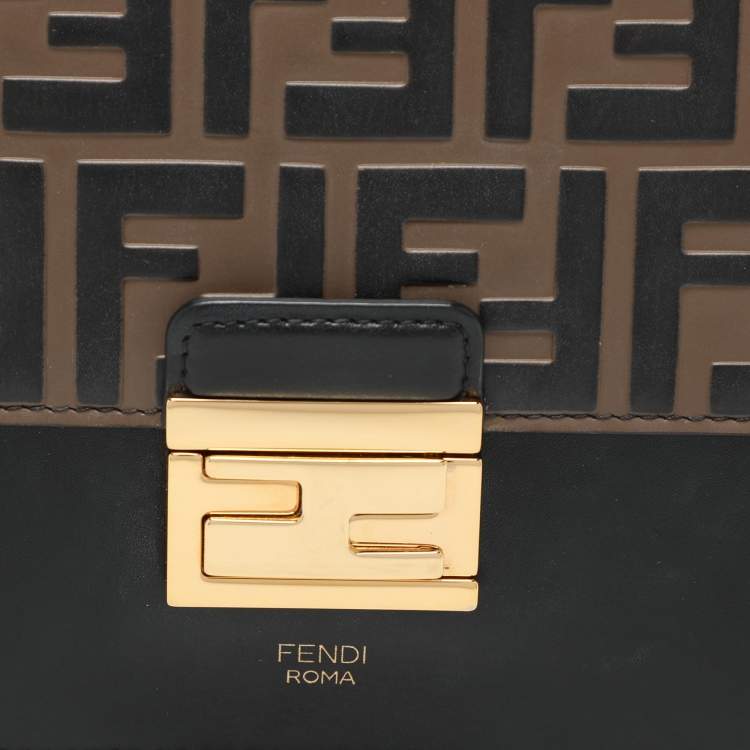 Pre Owned Fendi Black/Brown FF Embossed Leather Kan U Top Handle Bag