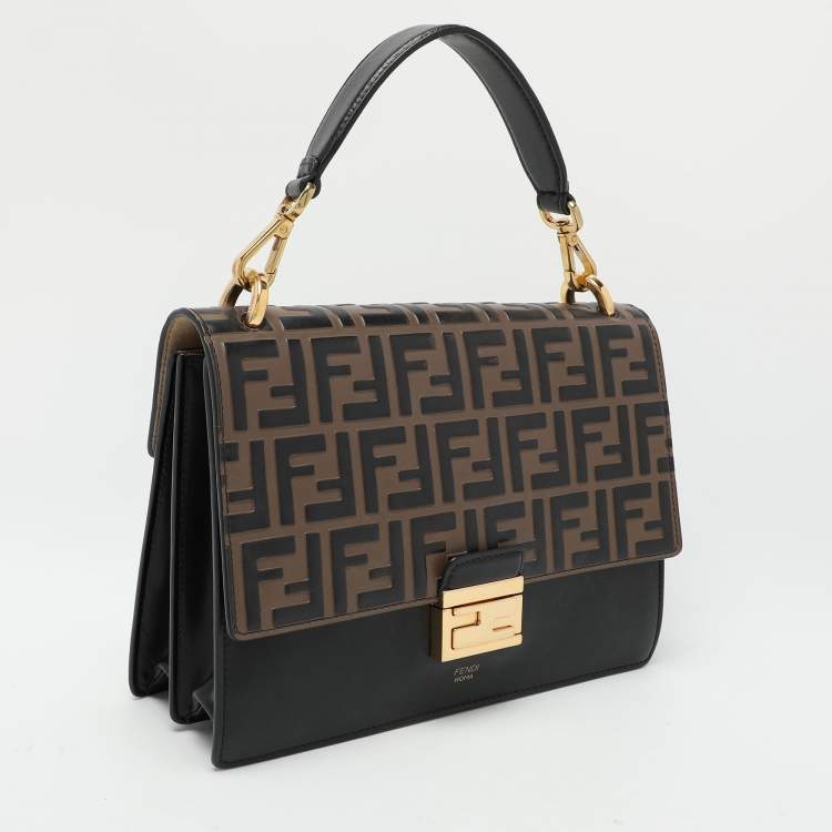 Pre Owned Fendi Black/Brown FF Embossed Leather Kan U Top Handle Bag