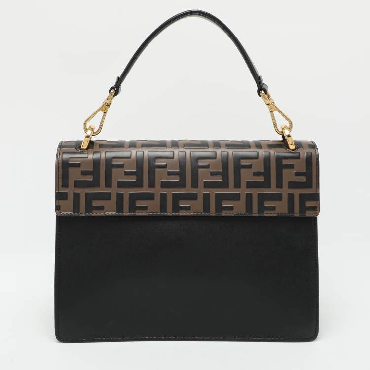 Pre Owned Fendi Black/Brown FF Embossed Leather Kan U Top Handle Bag