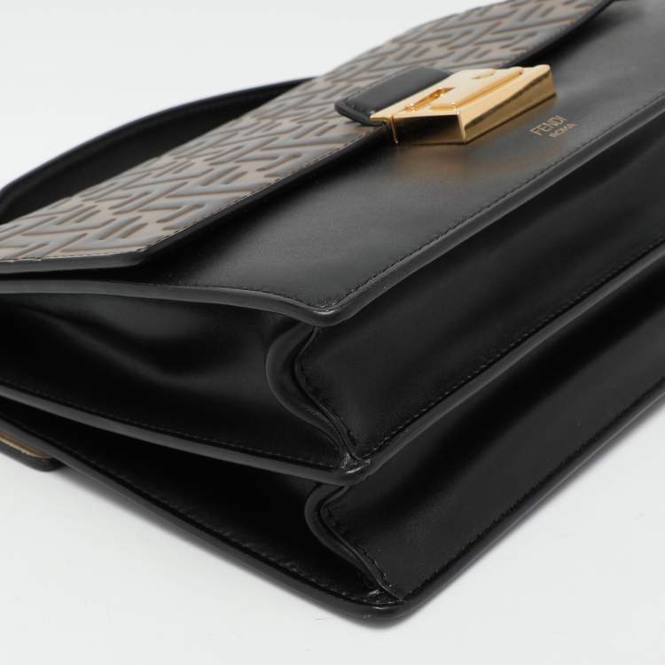 Pre Owned Fendi Black/Brown FF Embossed Leather Kan U Top Handle Bag