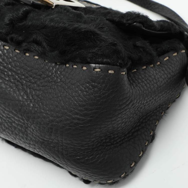 Pre Owned Fendi Black Fur and Leather Mama Baguette Shoulder Bag
