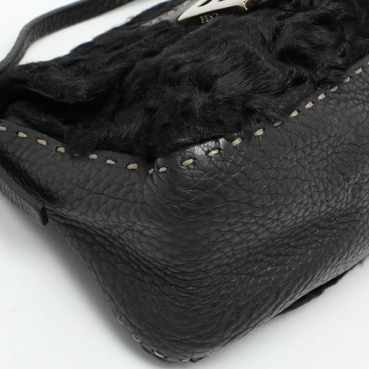 Pre Owned Fendi Black Fur and Leather Mama Baguette Shoulder Bag