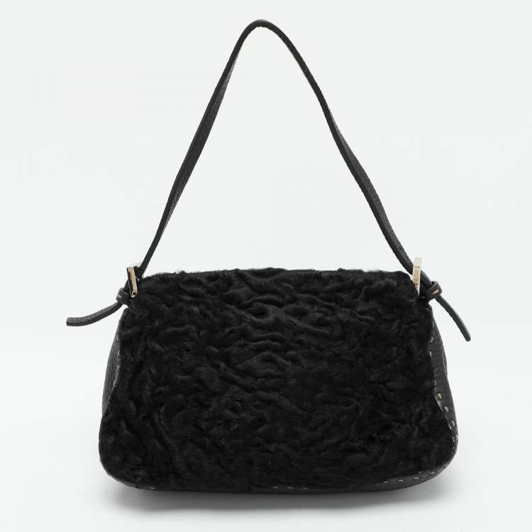 Pre Owned Fendi Black Fur and Leather Mama Baguette Shoulder Bag