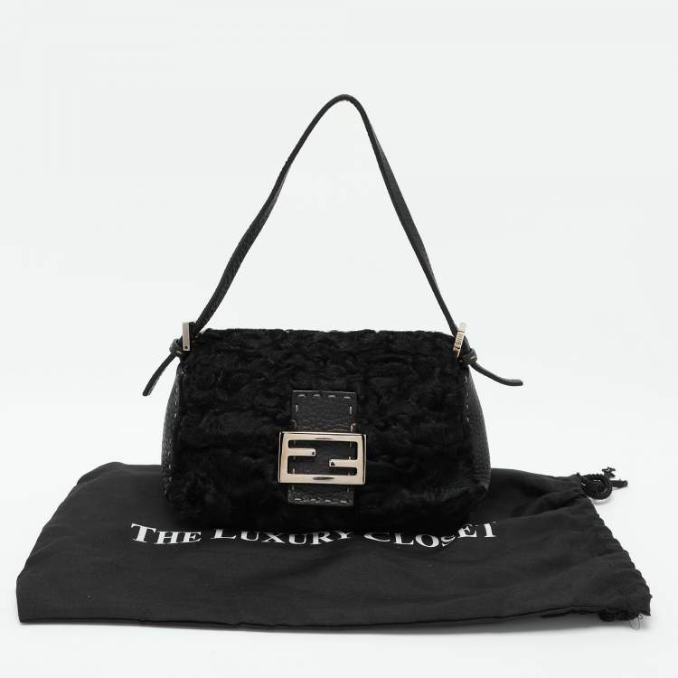 Pre Owned Fendi Black Fur and Leather Mama Baguette Shoulder Bag
