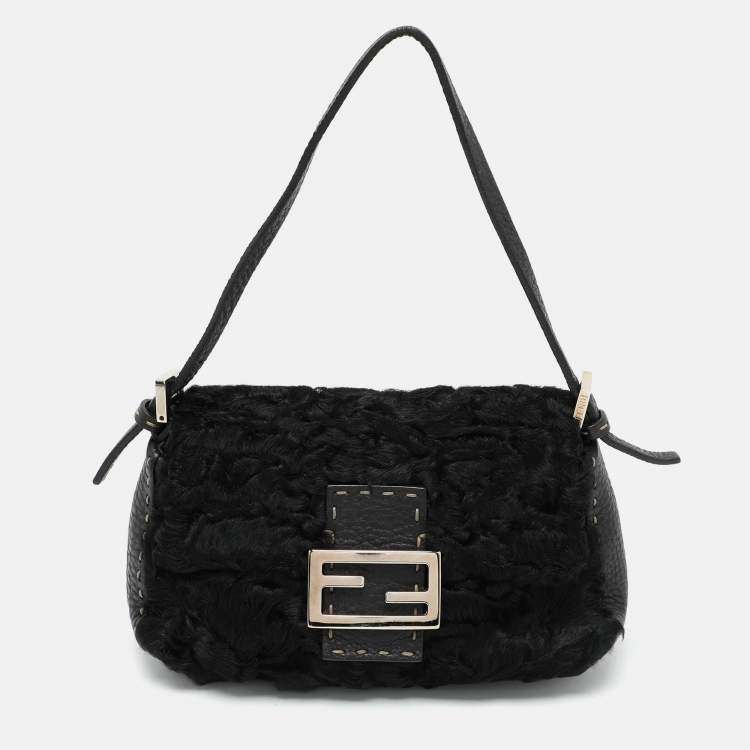 Pre Owned Fendi Black Fur and Leather Mama Baguette Shoulder Bag