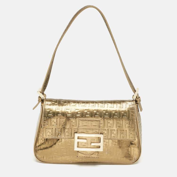 Fendi Gold Zucchino Embossed Leather Mini Mama Baguette Bag