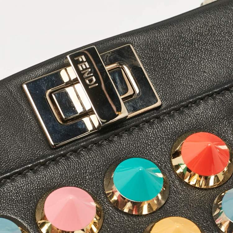 Pre Owned Fendi Black Leather Multicolor Studs Mini Peekaboo Top Handle Bag