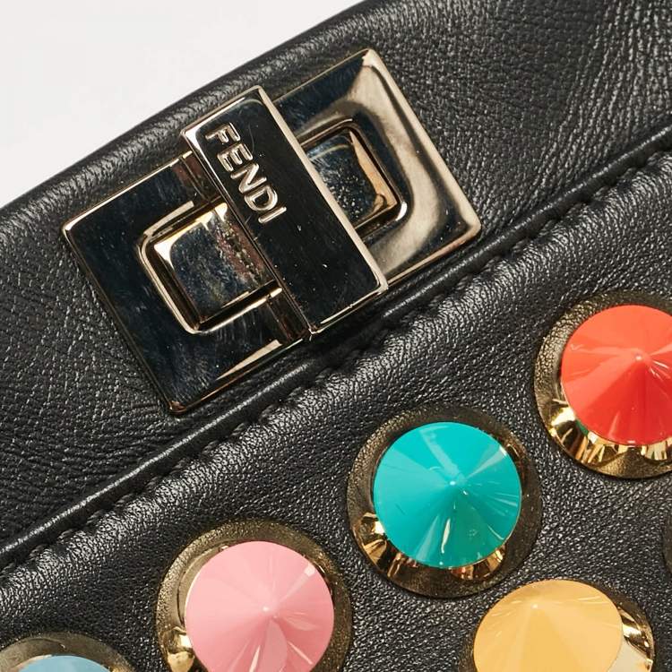 Pre Owned Fendi Black Leather Multicolor Studs Mini Peekaboo Top Handle Bag