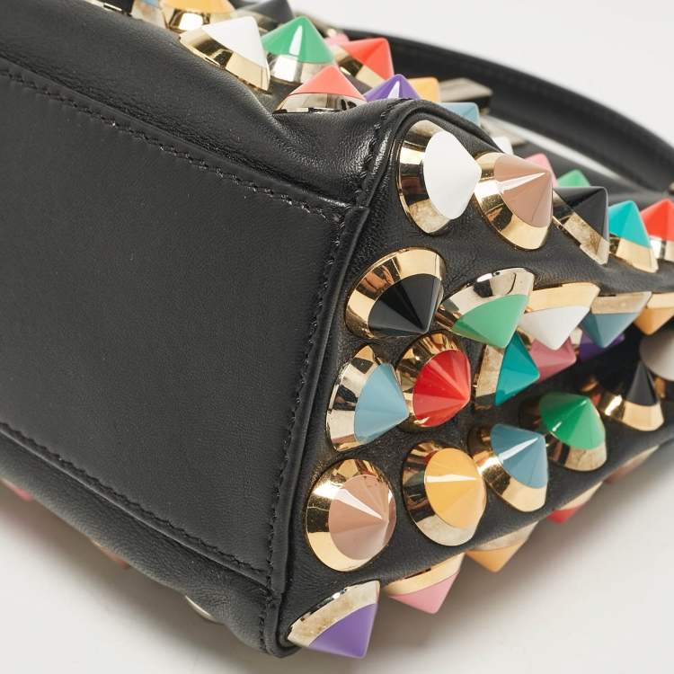 Pre Owned Fendi Black Leather Multicolor Studs Mini Peekaboo Top Handle Bag