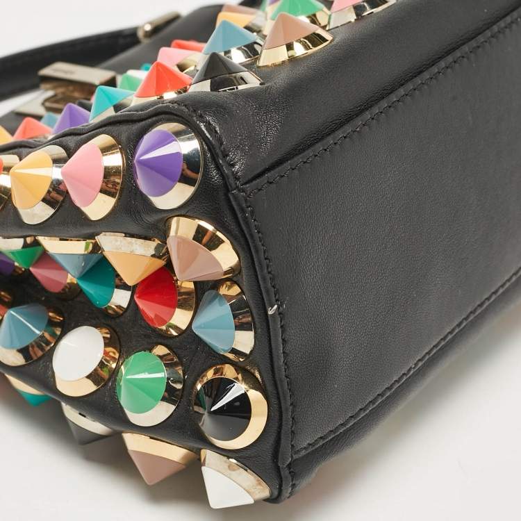 Pre Owned Fendi Black Leather Multicolor Studs Mini Peekaboo Top Handle Bag