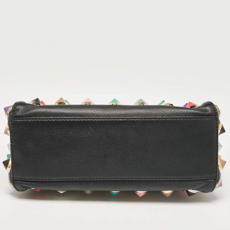 Pre Owned Fendi Black Leather Multicolor Studs Mini Peekaboo Top Handle Bag